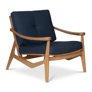 Modern Brazilian Romeo Navy Blue Upholstery Pecan Frame Accent Chair